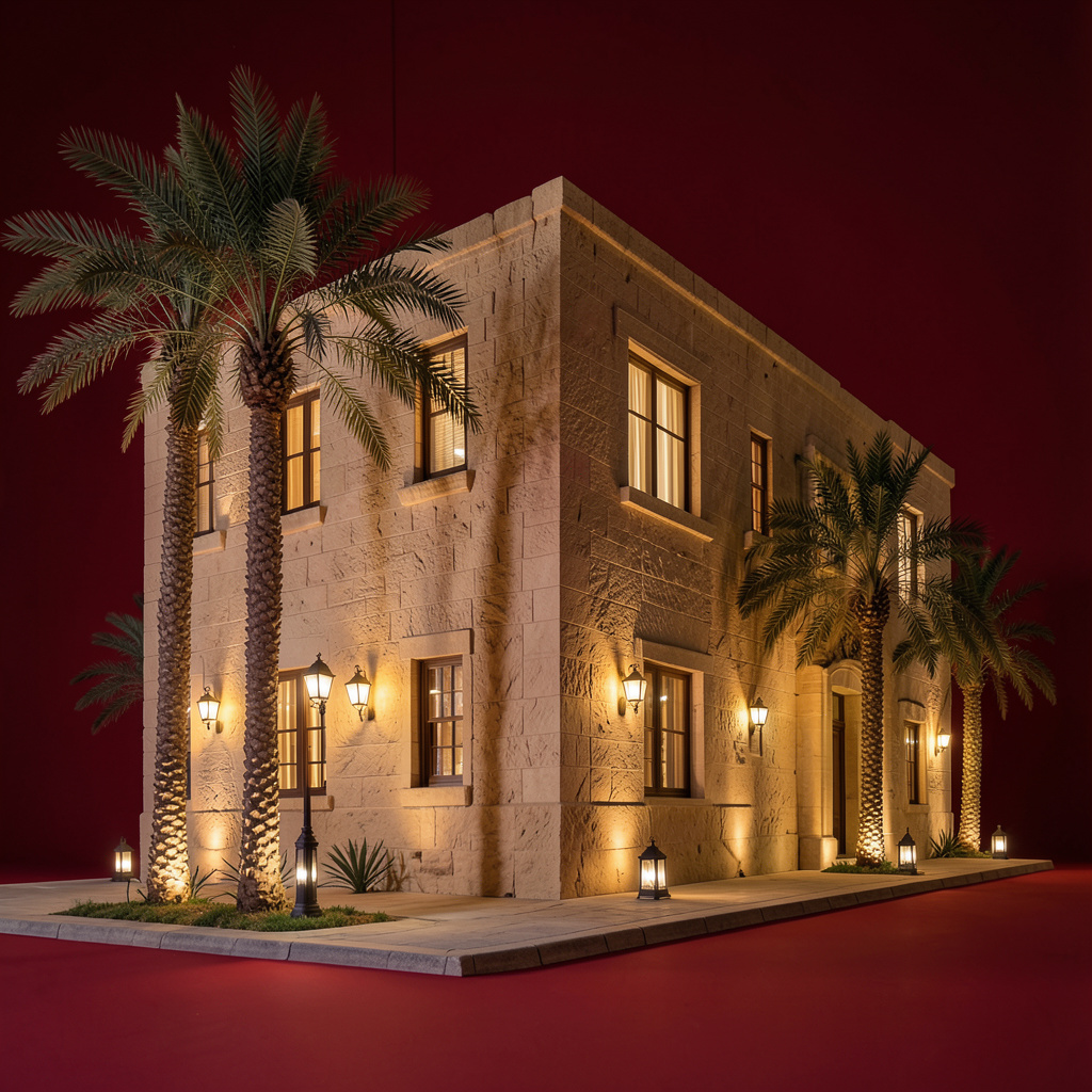 Warmly lit sandstone building at night with palm trees and lanterns, evoking a Dubai evening atmosphere