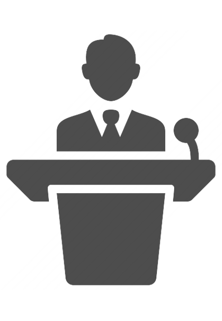 Simple gray icon illustration of a person speaking at a podium with microphone, minimal flat style on light background